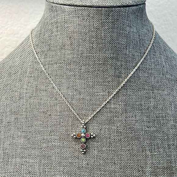 Signed Napier Elegant Silver Cross Necklace with Multicolored Gemstones - Picture 1 of 6